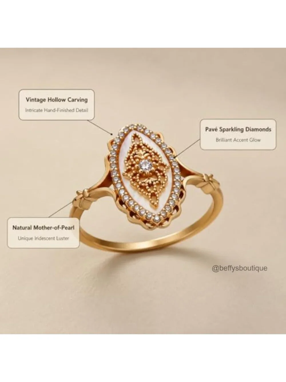 Vintage Art Deco Wave Lace Ring Gold Plated Copper Size 7 Statement Jewelry